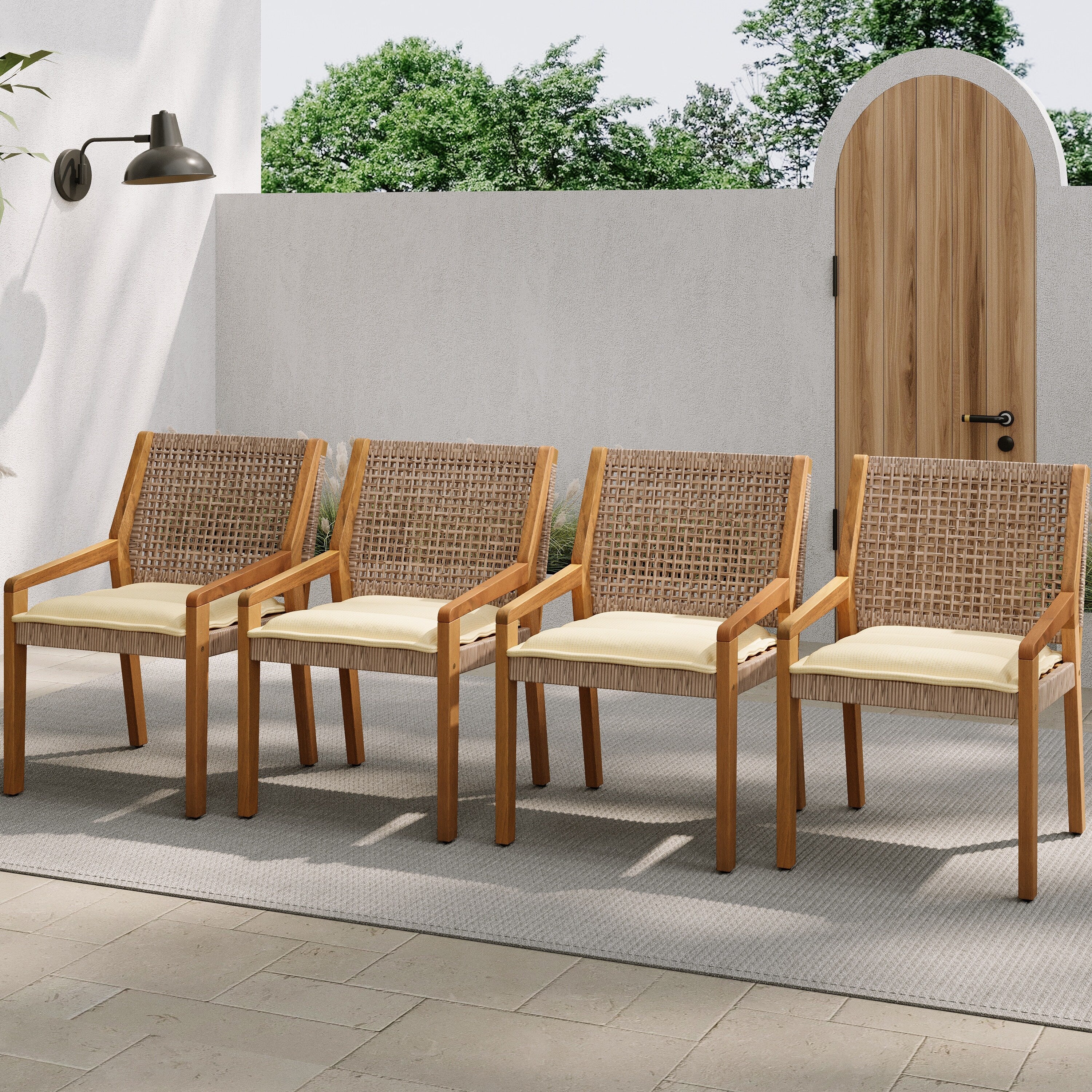 OUTDOOR DINING CHAIR SET-Acacia Wood and Wicker with Cream Cushion Patio Furniture-Teak finish & wicke Brown, set of 4