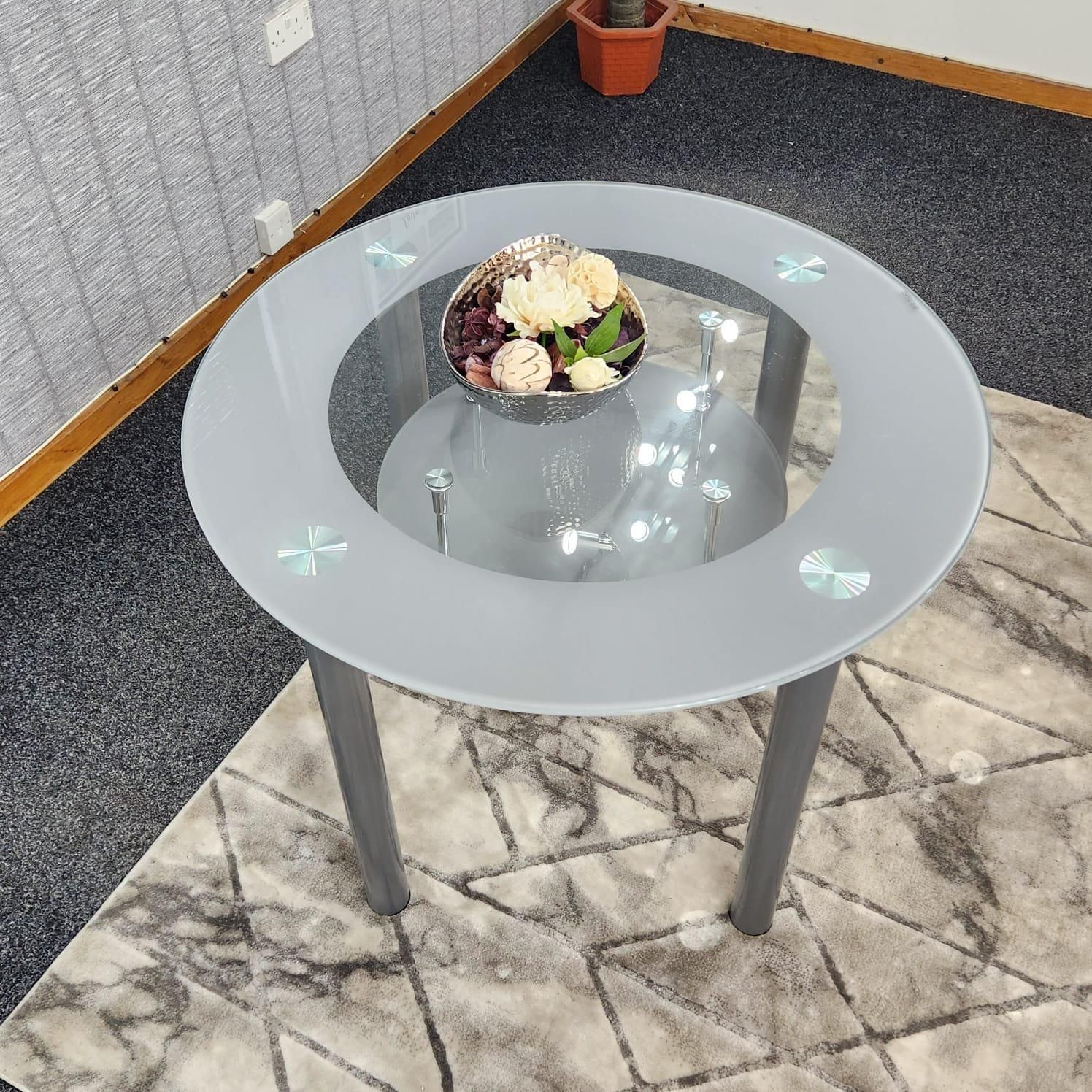 KOSY KOALA Round Glass Grey Kitchen Dining Table With Storage Shelf And 4 Grey Metal Chairs Set