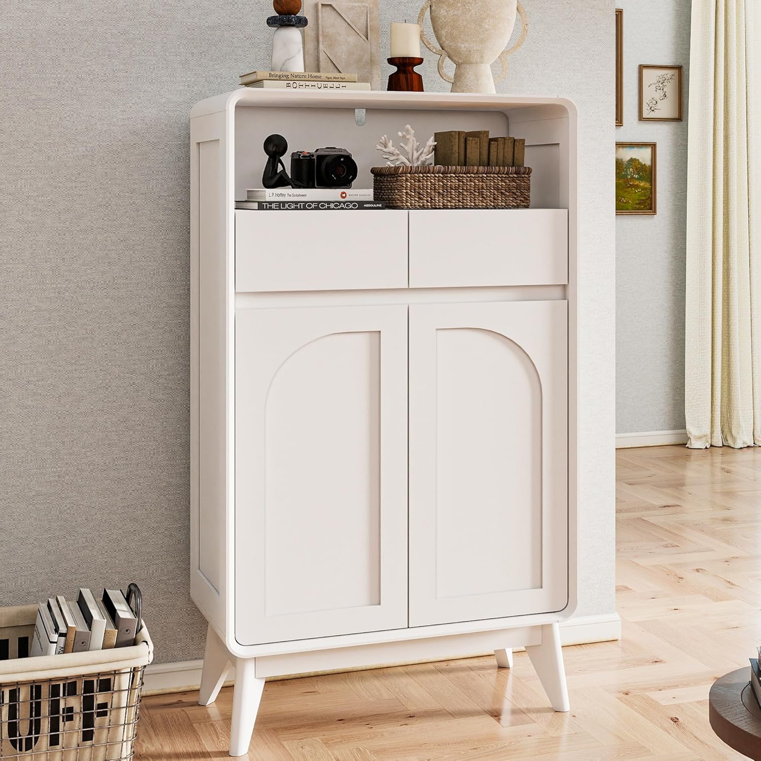 Kitchen Storage Cabinet, Buffet Cabinet with Doors and Adjustable Drawers, Modern Accent Sideboard Coffee Bar Cabinet for Living Room, Dining Room, Entryway, White