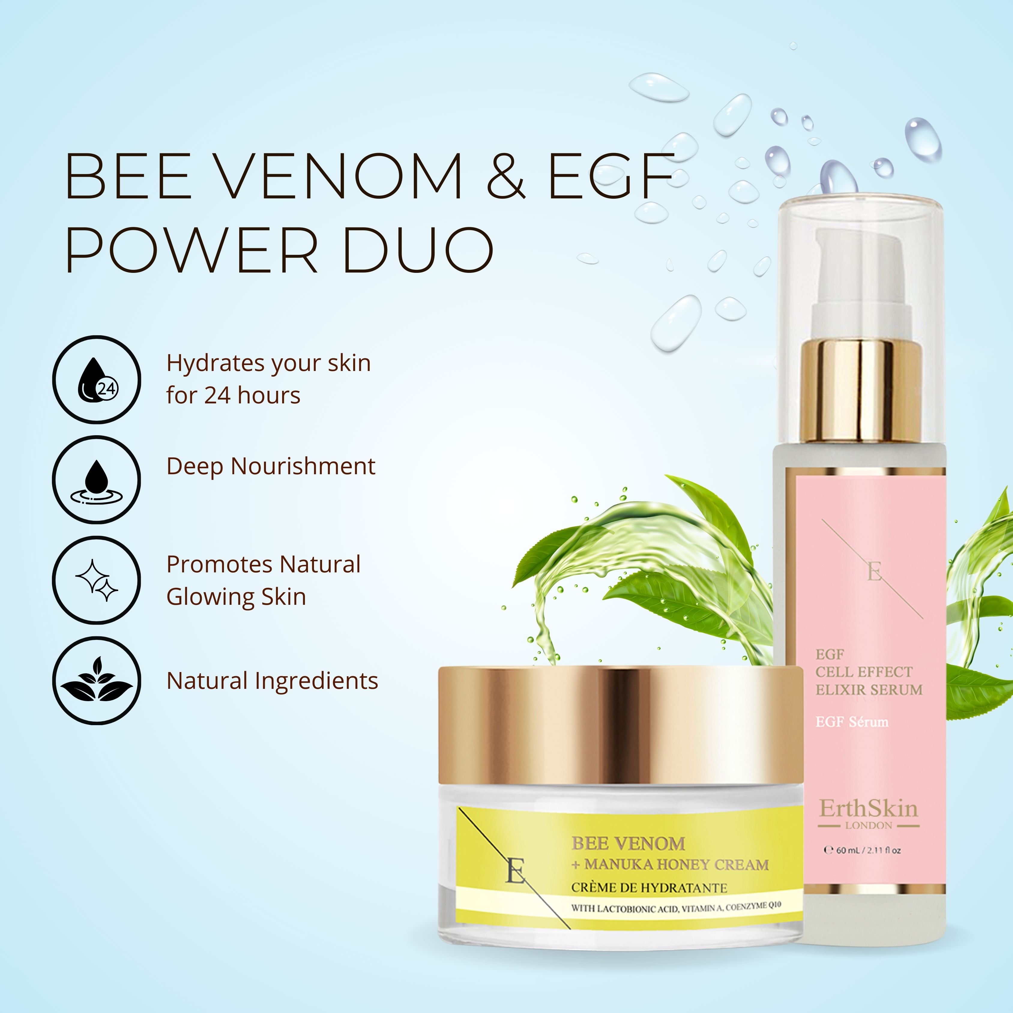 Erth Skin London Bee Venom Manuka Honey Cream 50ml   EGF Cell Effect Serum 60 ml (MFG)