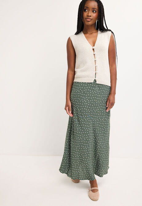 Womens Khaki Polka Dot Midi Skirt
