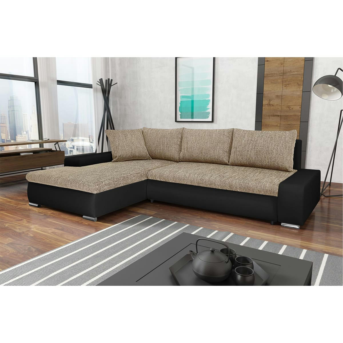 - Canapé d'angle convertible gauche 4 places beige et noir