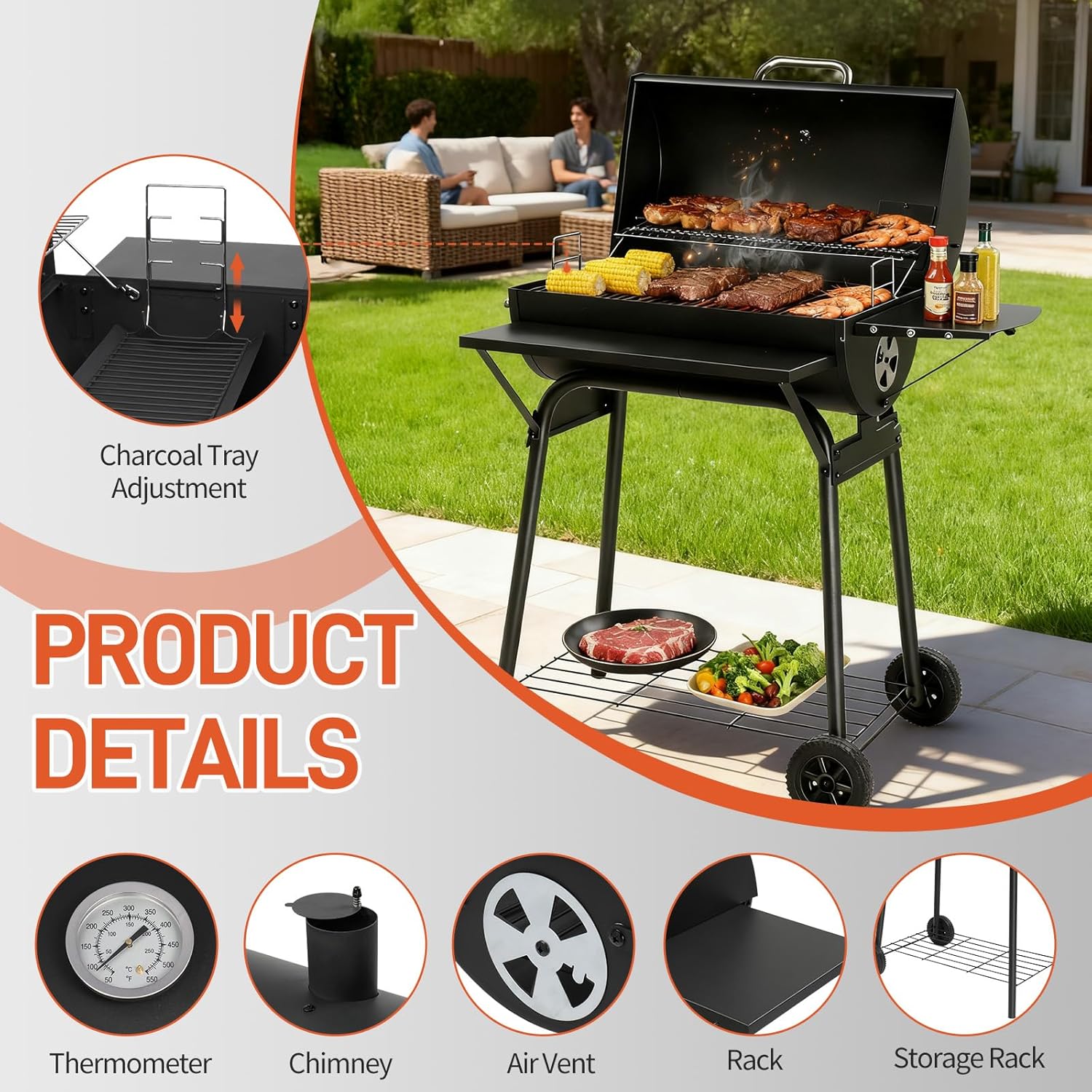 VINGLI Upgraded Barrel Charcoal Grill with Side Front Tables, Adjustable Charcoal Tray BBQ Grill Outdoor Smoker Grill with Wheels for Party Garden Patio and Backyard Cooking 39''D × 24''W × 46''H