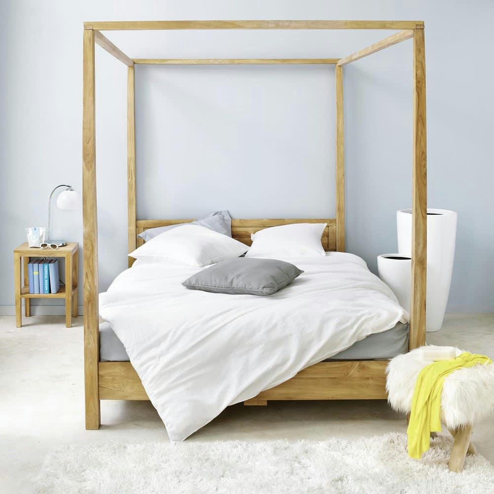 Amsterdam - Lit à baldaquin 160x200 en bois d'acacia avec sommier à lattes en bois de pin