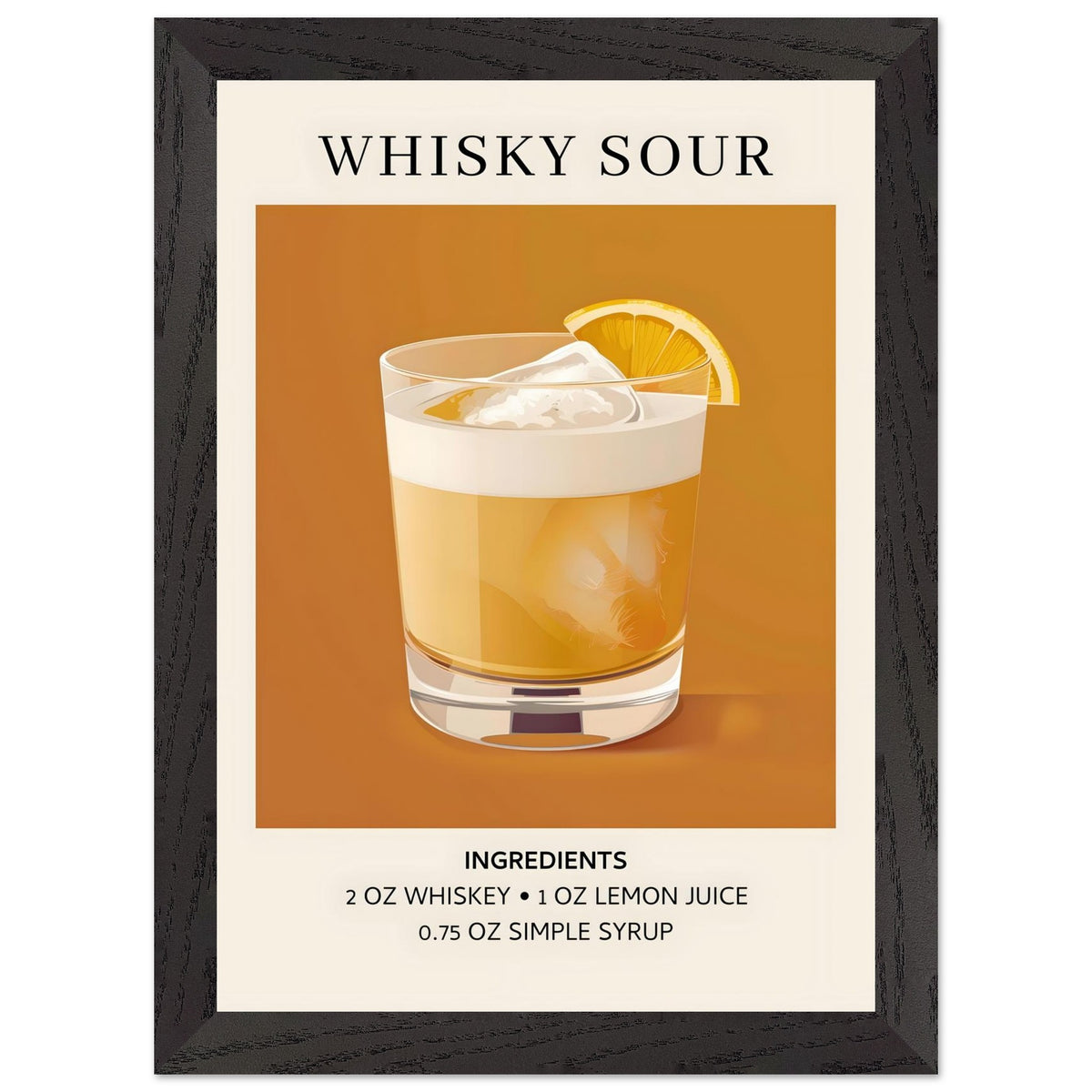 Artfulprints Poster met Lijst Whisky Sour cocktail - Ingrediënten  - A4 21x29.7 cm - Oranje