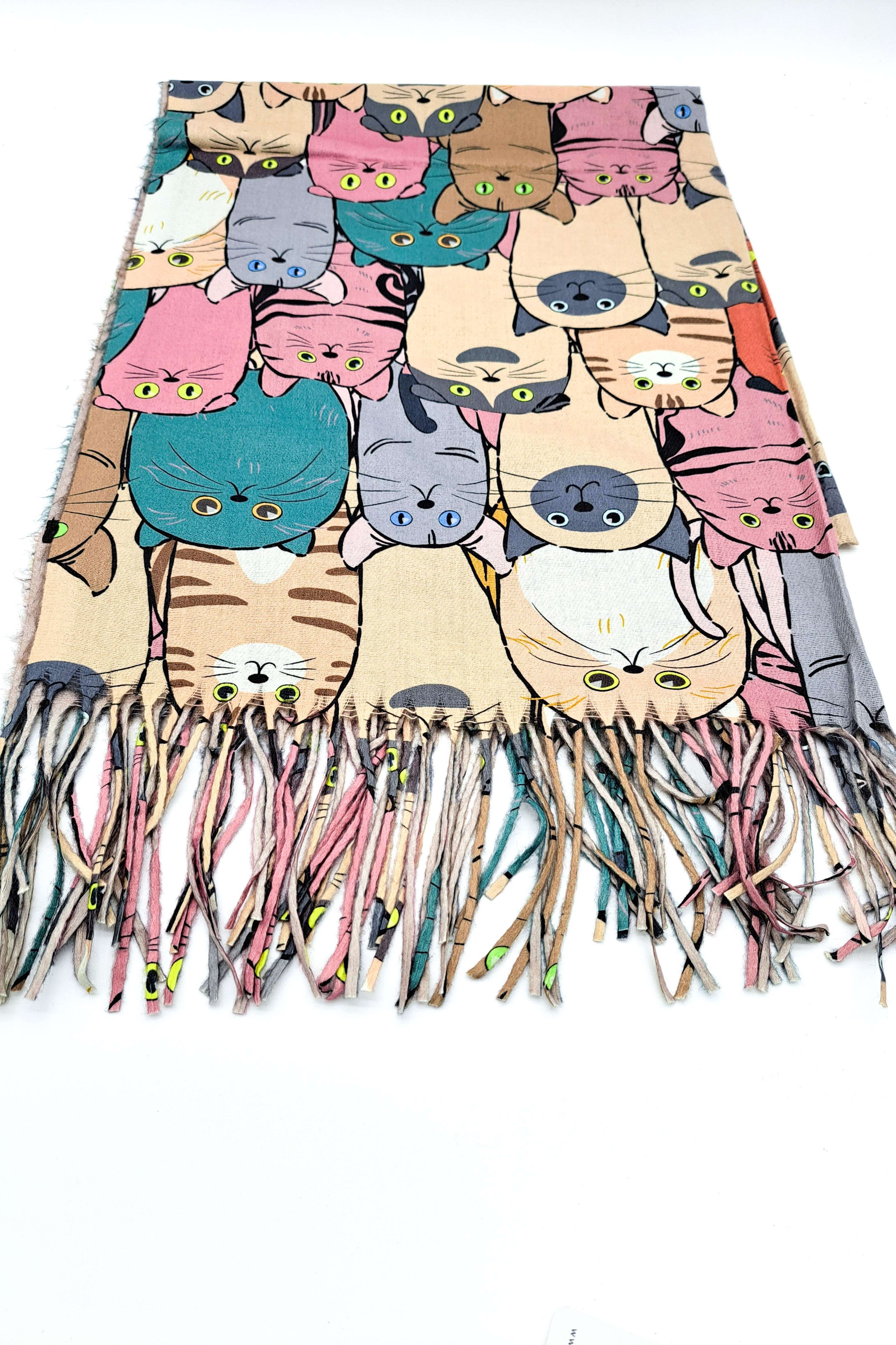Kitise Bright Colour Whimsical Cat Themed Soft Cashmere Blend Scarf