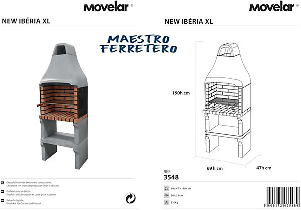 MOVELAR - Barbecue préfabriqué à bois et charbon de bois New Iberia PlusxL (Gris, Orange - 69x47x190 cm) REF : 3548