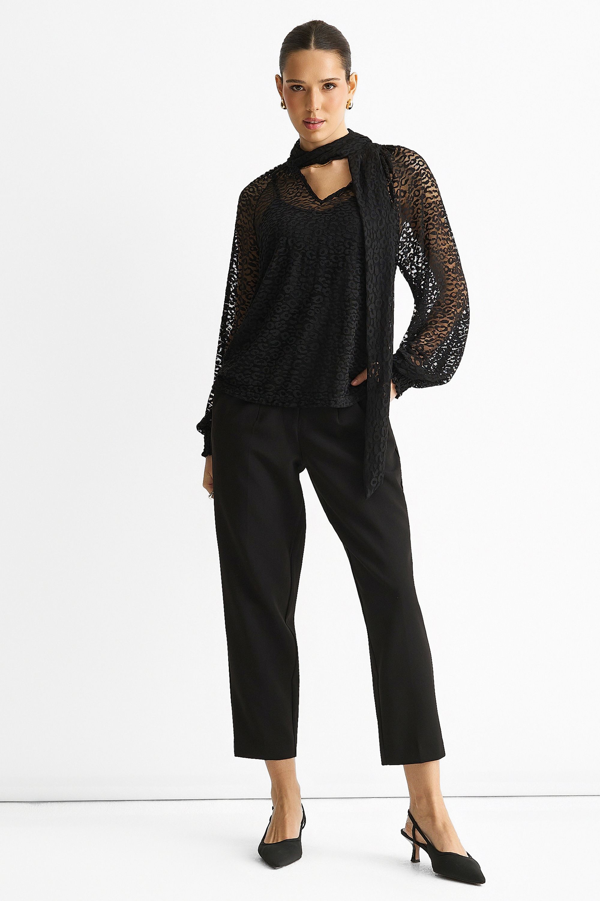 Gini London Black Animal Lace Neck Tie Detail Blouse
