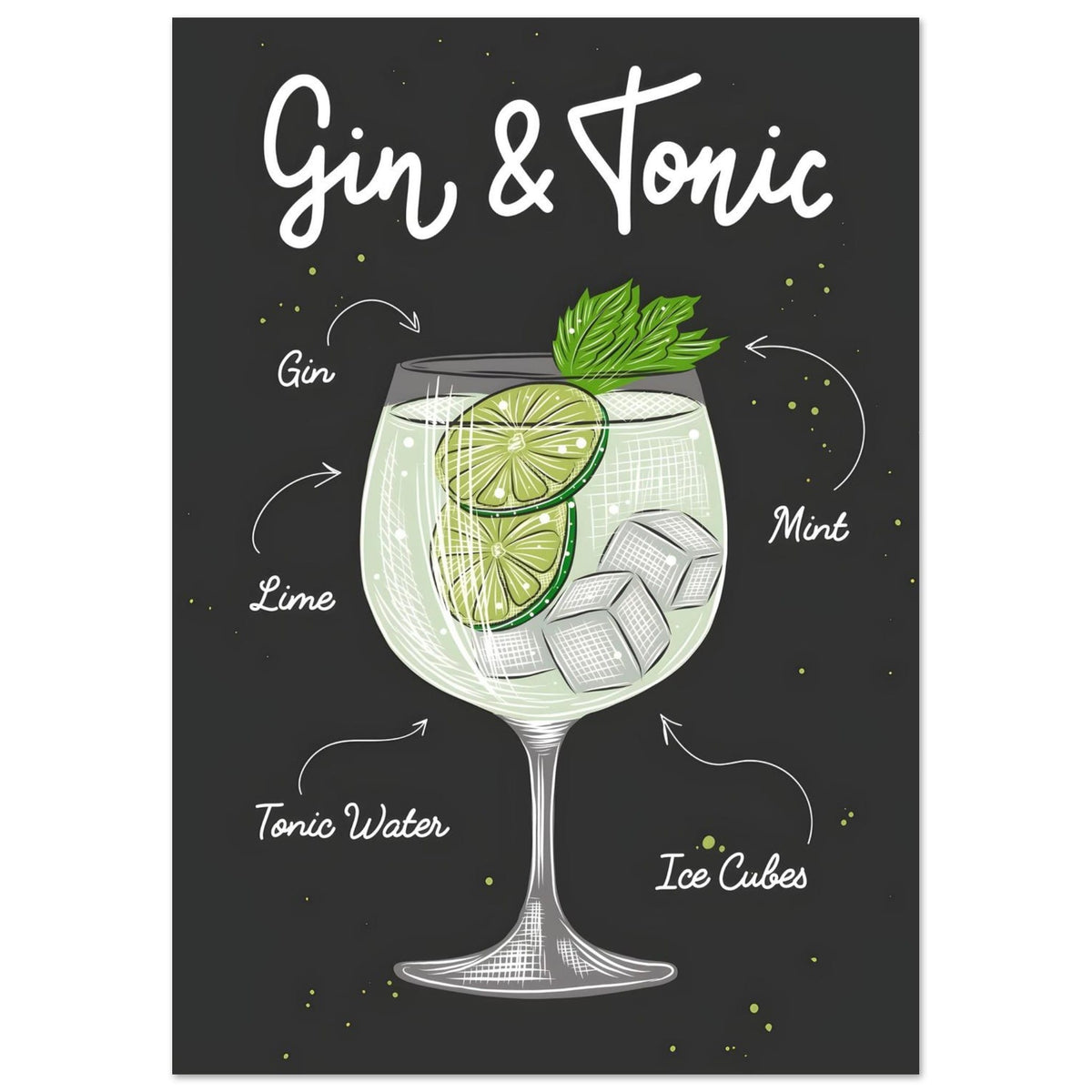 Artfulprints Gin Tonic cocktail – Illustratie  poster A4 21x29.7 cm
