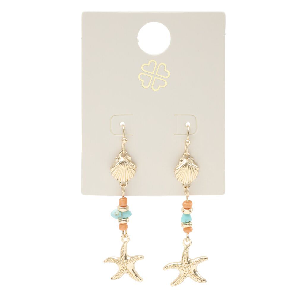 Boucles d'oreilles perles verre bleu et rouge et coquillage inox doré L3,5cm