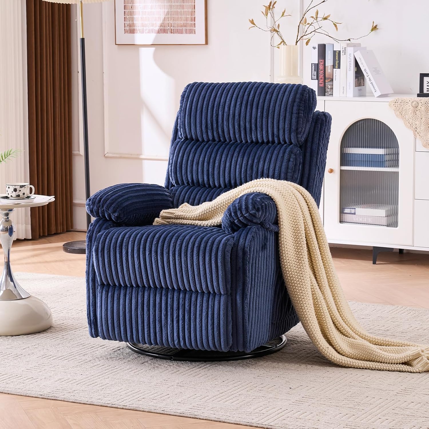 Premium Velvet 360° Swivel Recliner - High Back Gliding Rocking Chair Nursery Recliner Chair, Plush Footrest, Supportive Armrests & Side Pocket, Great for Nursery & Living Room, Blue