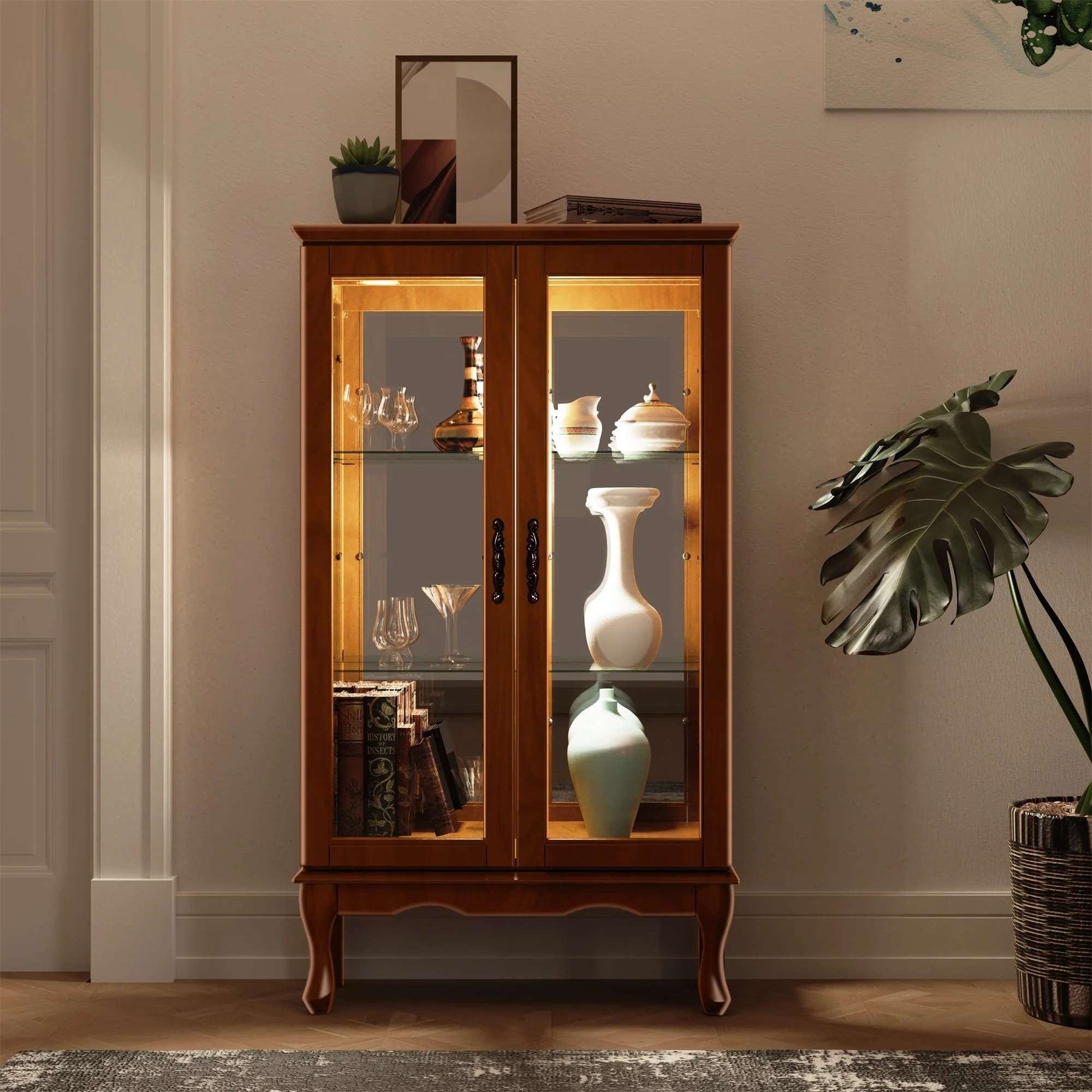 3-Tier Lighted Curio Display Cabinet with Adjustable Shelves and Tempered Glass Doors,Bulb not included