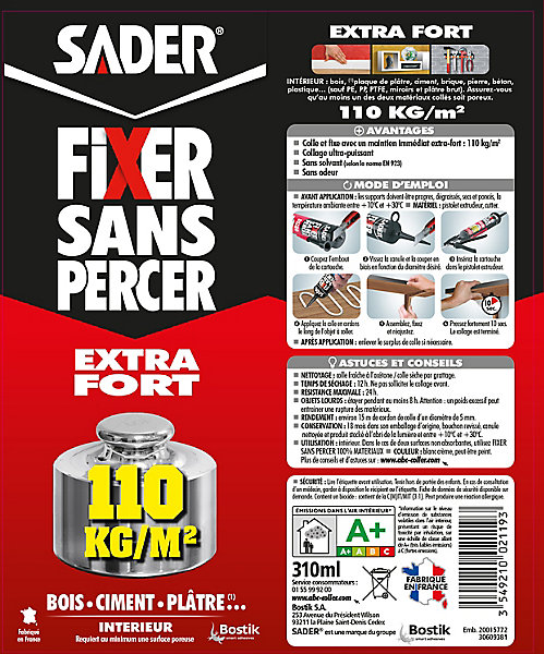 Mastic de Fixation Sader Fixer Sans Percer Extra Fort Lot de 2 Cartouches 310 ml   1 Gratuite