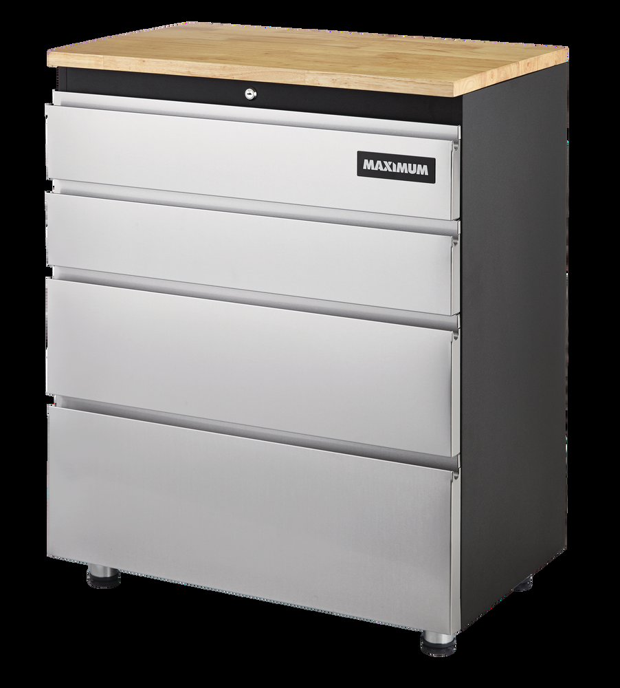 MAXIMUM 4-Drawer Wooden Top Base Storage Cabinet, Stainless Series, 37 x 30 x 18-in