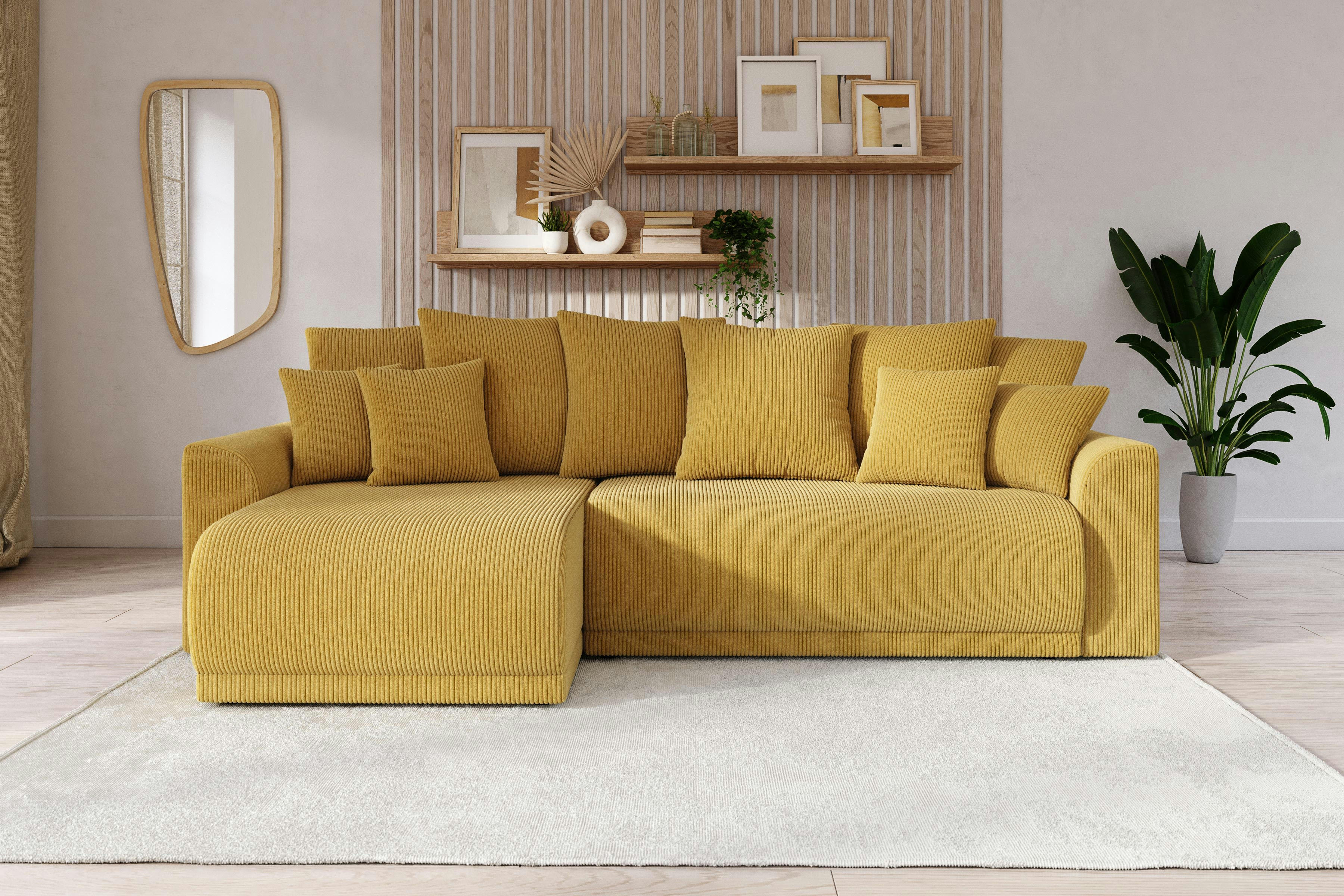 NOVA - Canapé d'angle convertible en velours côtelé 4 places jaune