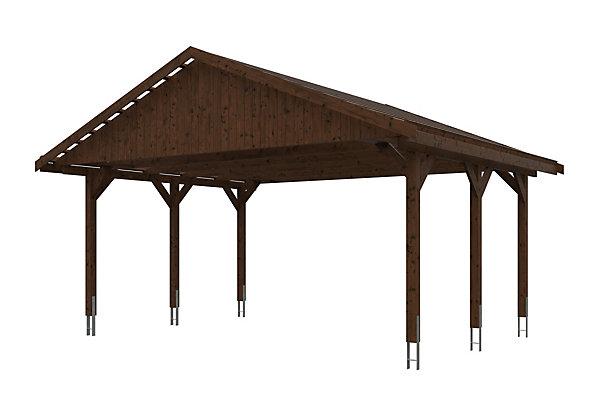 Carport SKAN HOLZ Wallgau 620 x 500 cm, traitement coloré noyer, avec lattis