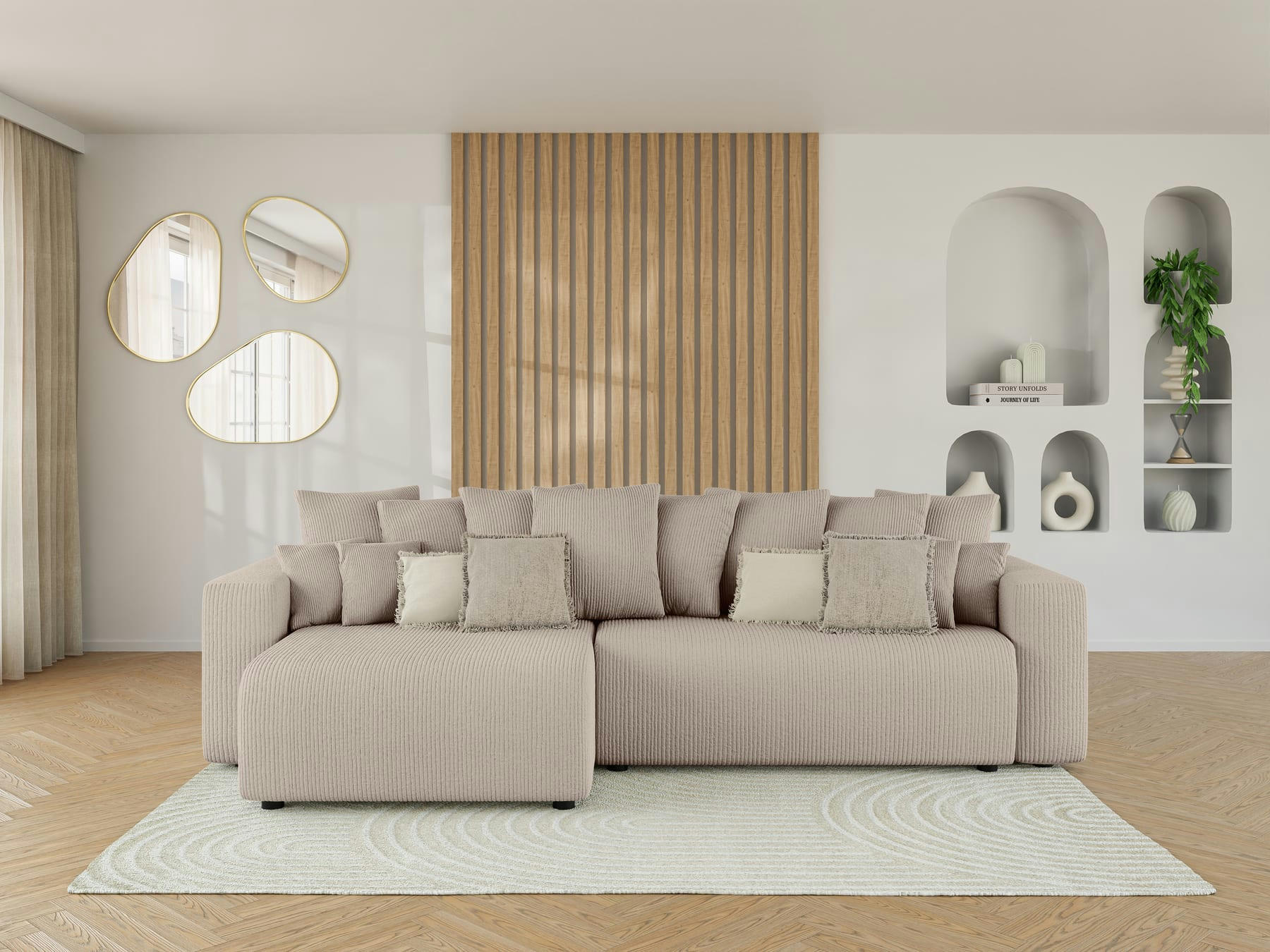 LEA - Canapé d'angle XL convertible en velours côtelé 5 places grège