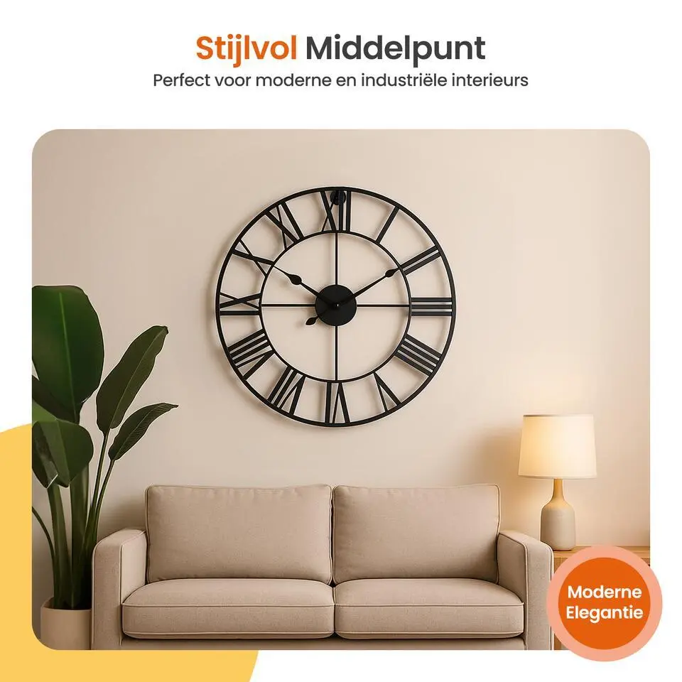Goliving Wandklok Industrieel - Stil uurwerk - Metaal - &Oslash; 40 cm - Zwart