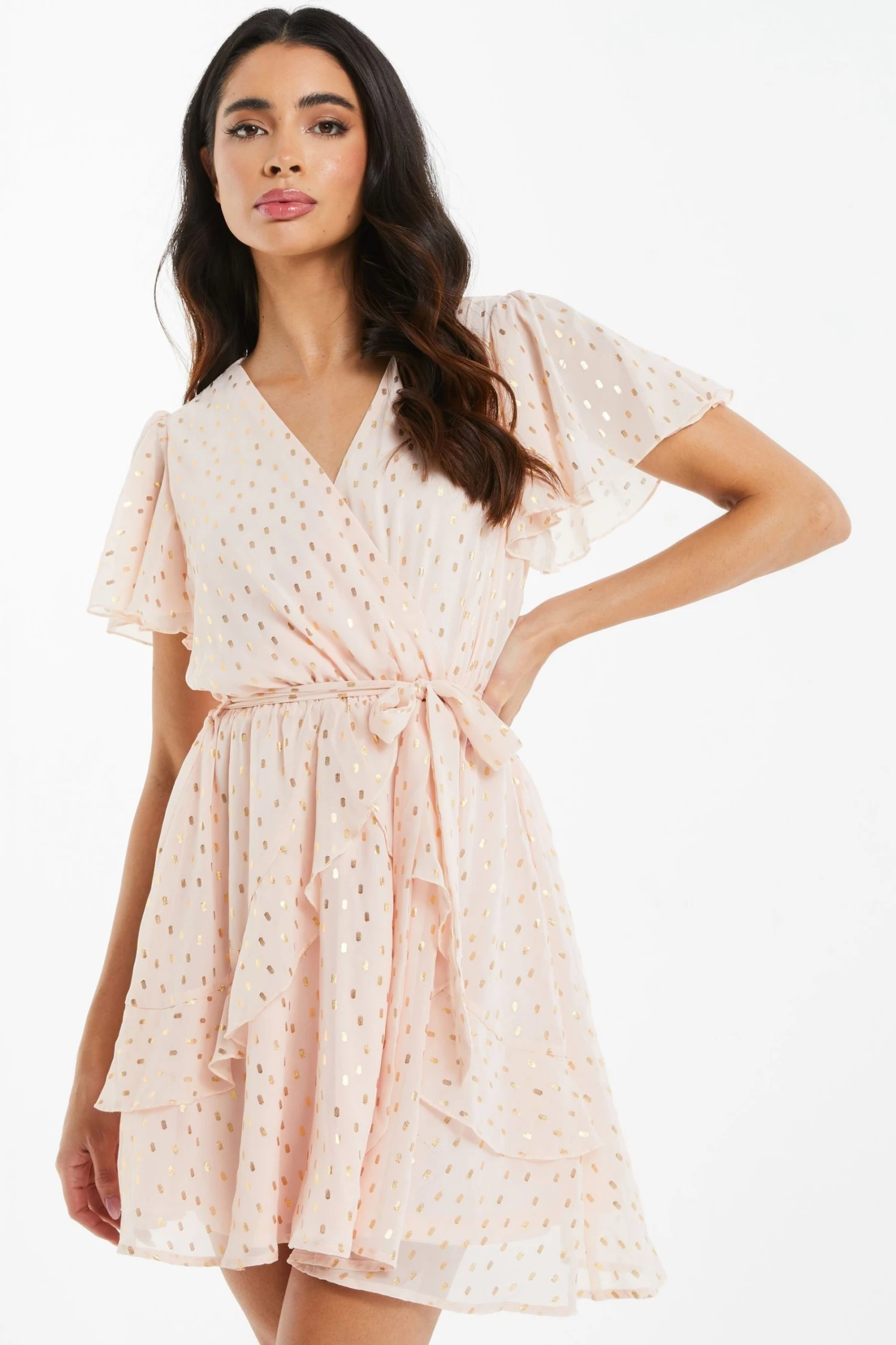 Quiz Blush Pink Foil Chiffon Skater Dress