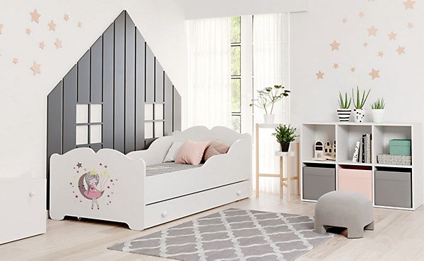 Lit enfant ALMENA avec tiroir matelas et cadre inclus - Princesse et lune - 160 cm x 80 cm