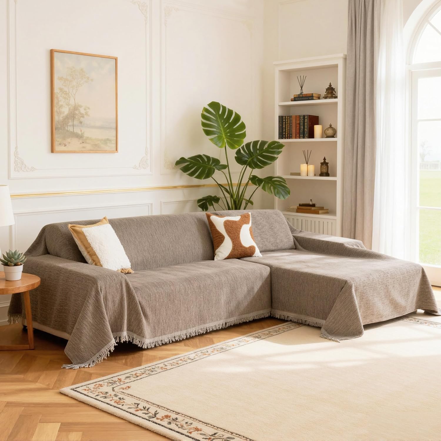 MEETSKY Couch Covers for Sectional Sofa, Chenille Couch Covers for L Shape Sofa Cover Washable, 2 Pieces Sofa Slipcover for 3-4 Cushion Couch, Furniture Protector (XX-Large, 71x118+91x134, Sand)