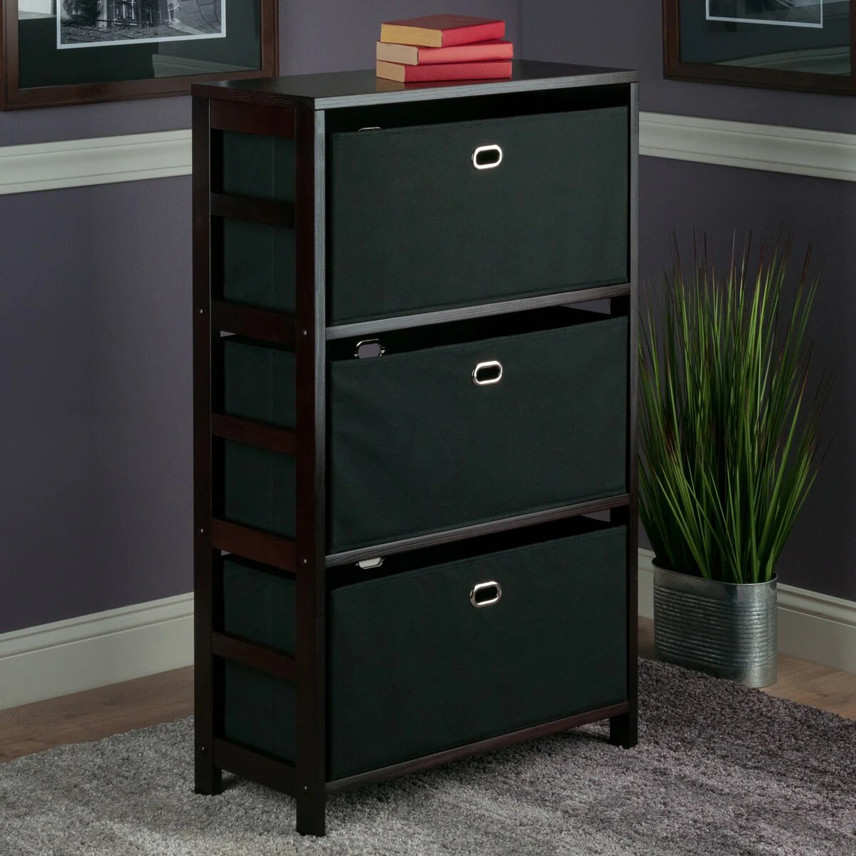 Torino 4-Pc Storage Shelf with 3 Foldable Fabric Baskets, Espresso and Black - 25.2 x 11.22 x 42 inches