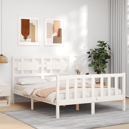 NNEVL Bed Frame with Headboard White 137x187 cm Double Solid Wood