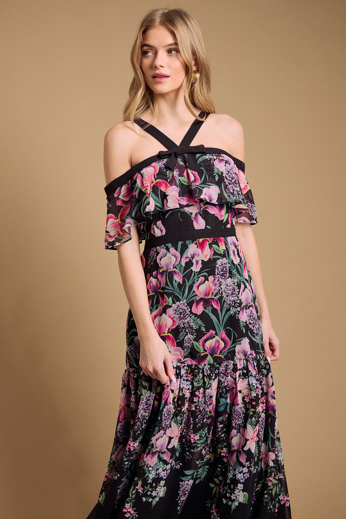 Oasis Bow Detail Halter Neck Bardot Dress