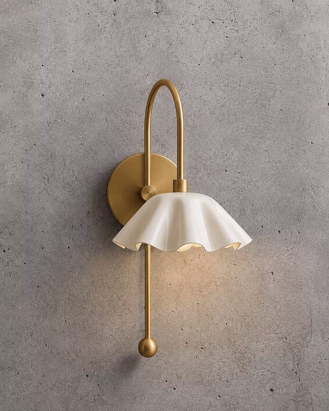 Handicraft Vintage Brass Scalloped Wall Sconce with Cream Ruffle Shade | Mid Century Light | Bathroom Vanity Light | Bedside Wall Lamp