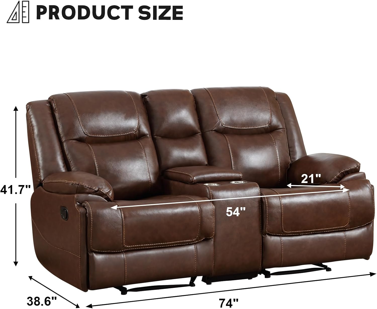 EBELLO Genuine Leather Recliner Manual Loveseat Couch for Living Room, 2 Seater Reclining Sofa Chair with Storage and Cup Holders, Modern Durable Home Furniture for Small Space, Vintage Brown