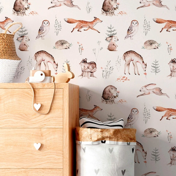 Vliestapete »Kinder Vliestapete«, Waldtiere Bär Reh Eule Hase, mehrfarbig, matt