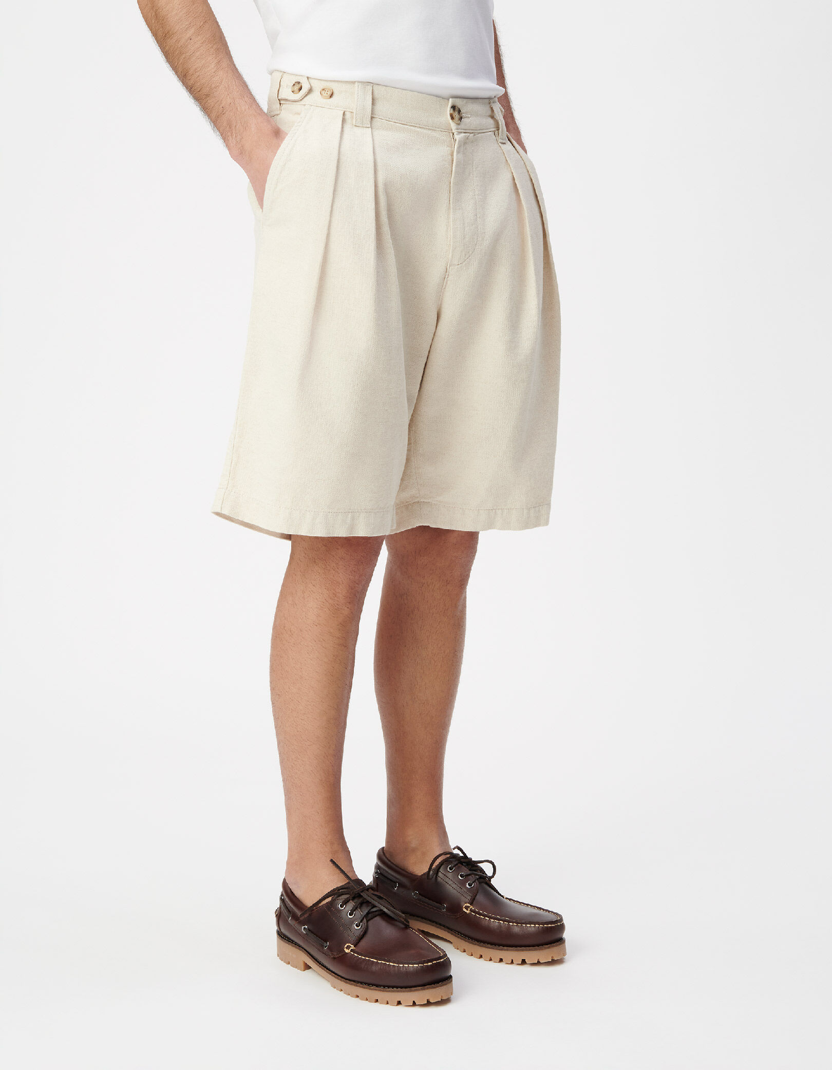 Bermuda beige coton et lin à plis Homme