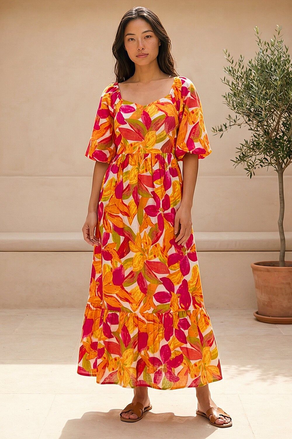 Roman Petite Floral Puff Sleeve Tiered Dress