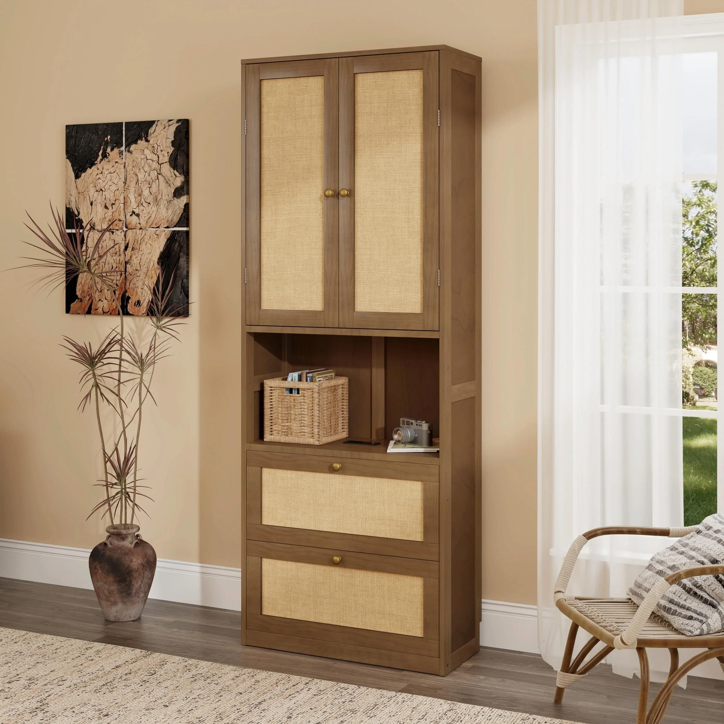 2-Door Bookshelf with USB Port and 3 Drawers, Side Cabinet Storage Shelves