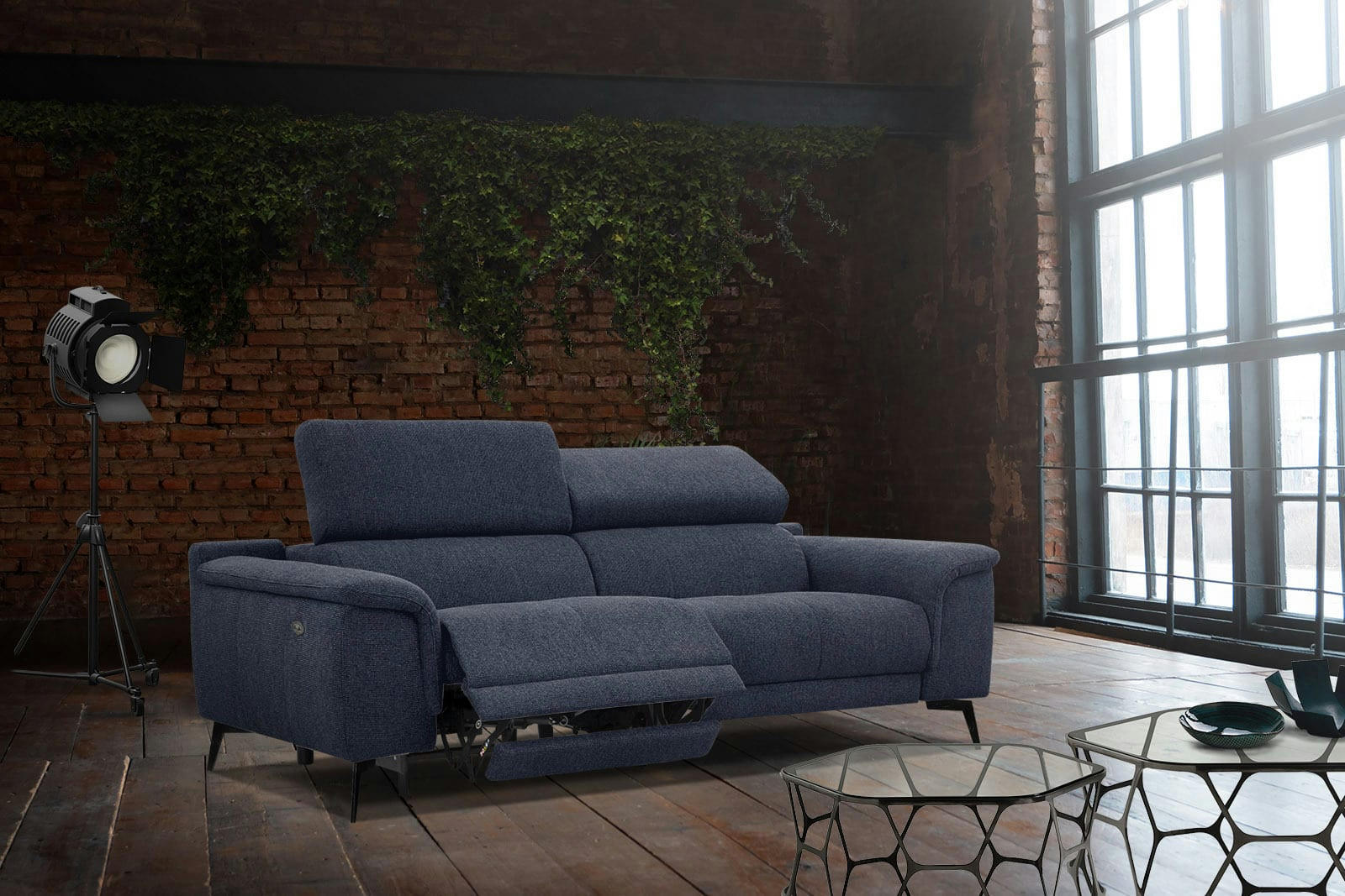 FIERO - Canapé 3 places XXL avec relax électrique côté gauche tissu bleu foncé