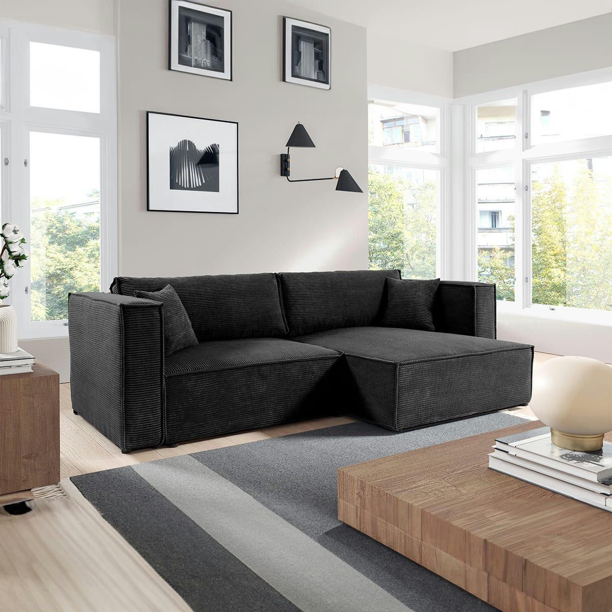 - Canapé d'angle réversible convertible 3 places velours côtelé noir