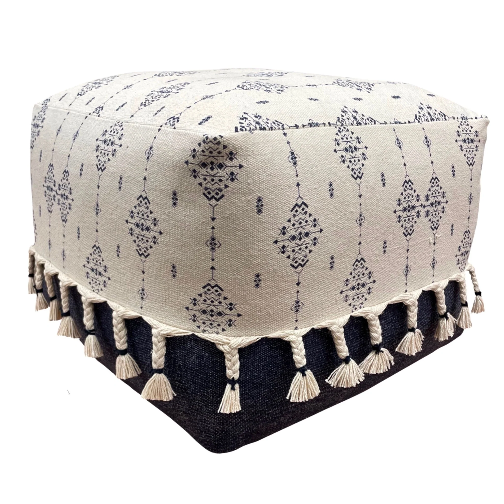 Cotton Upholstered Pouf Ottoman 18” Square Medallion Pattern Footrest for Modern Living Room Seating