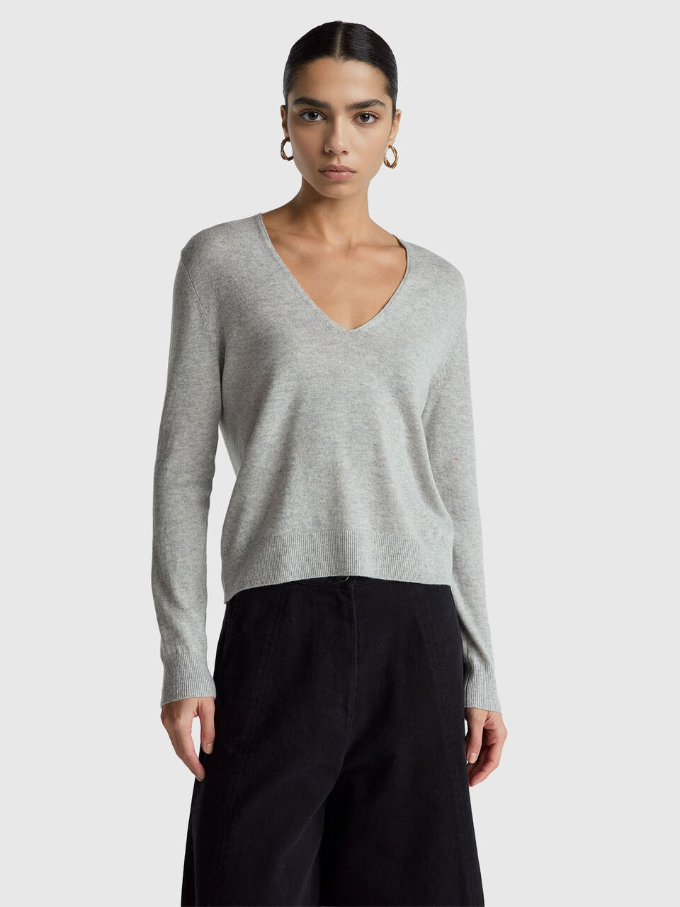 Marl gray V-neck sweater in pure Merino wool