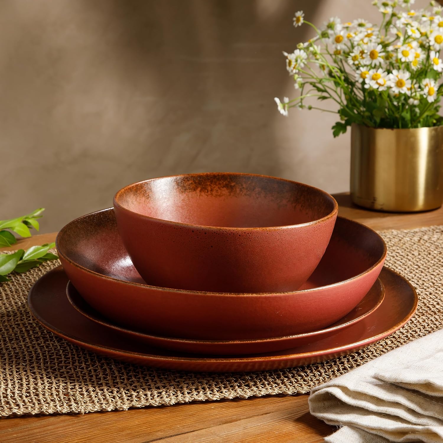 Bloomhouse - Two Time Oprah's Favorite Things Winner - Palermo Sun Double Bowl Stoneware Reactive Glaze Plates and Bowls Dinnerware Set - Paprika Red, Service for Four (16pcs)