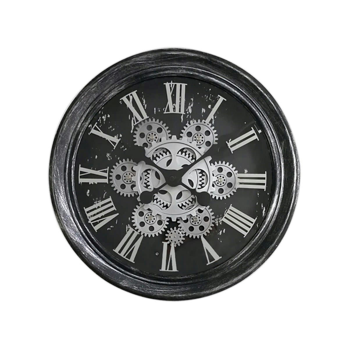HORLOGE MÉCANISME NOIR ET ARGENT - Horloge ronde noire et argentée mécanisme apparent 34x9x34cm
