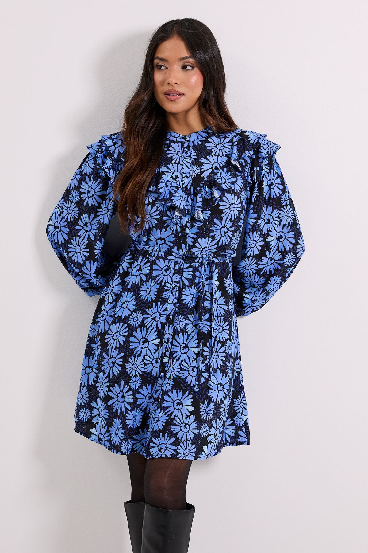 Dorothy Perkins Petite Blue Daisy Frill Yoke Belted Mini Shirt Dress