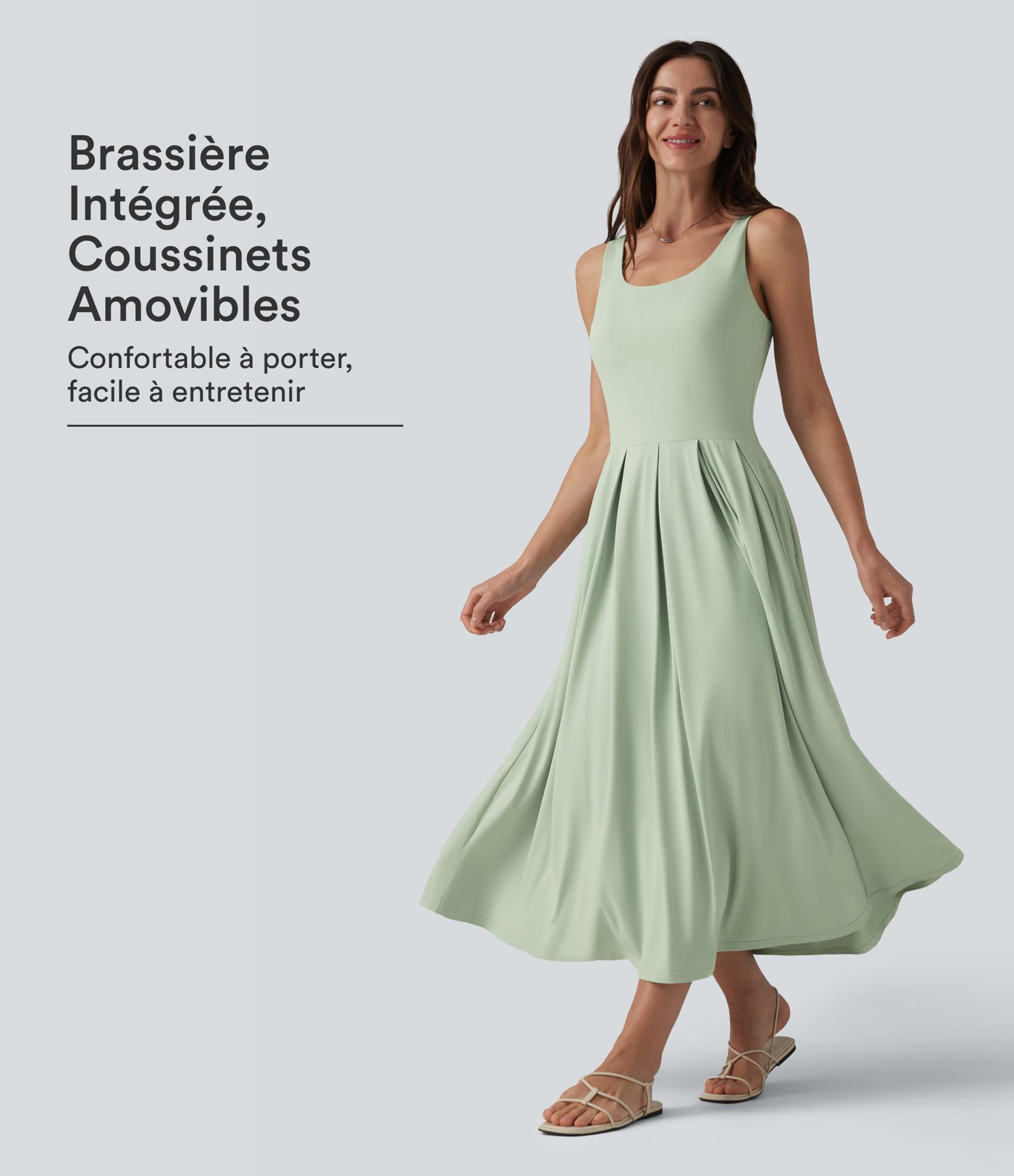 Robe midi fluide à bretelles col U avec brassière intégrée et poches