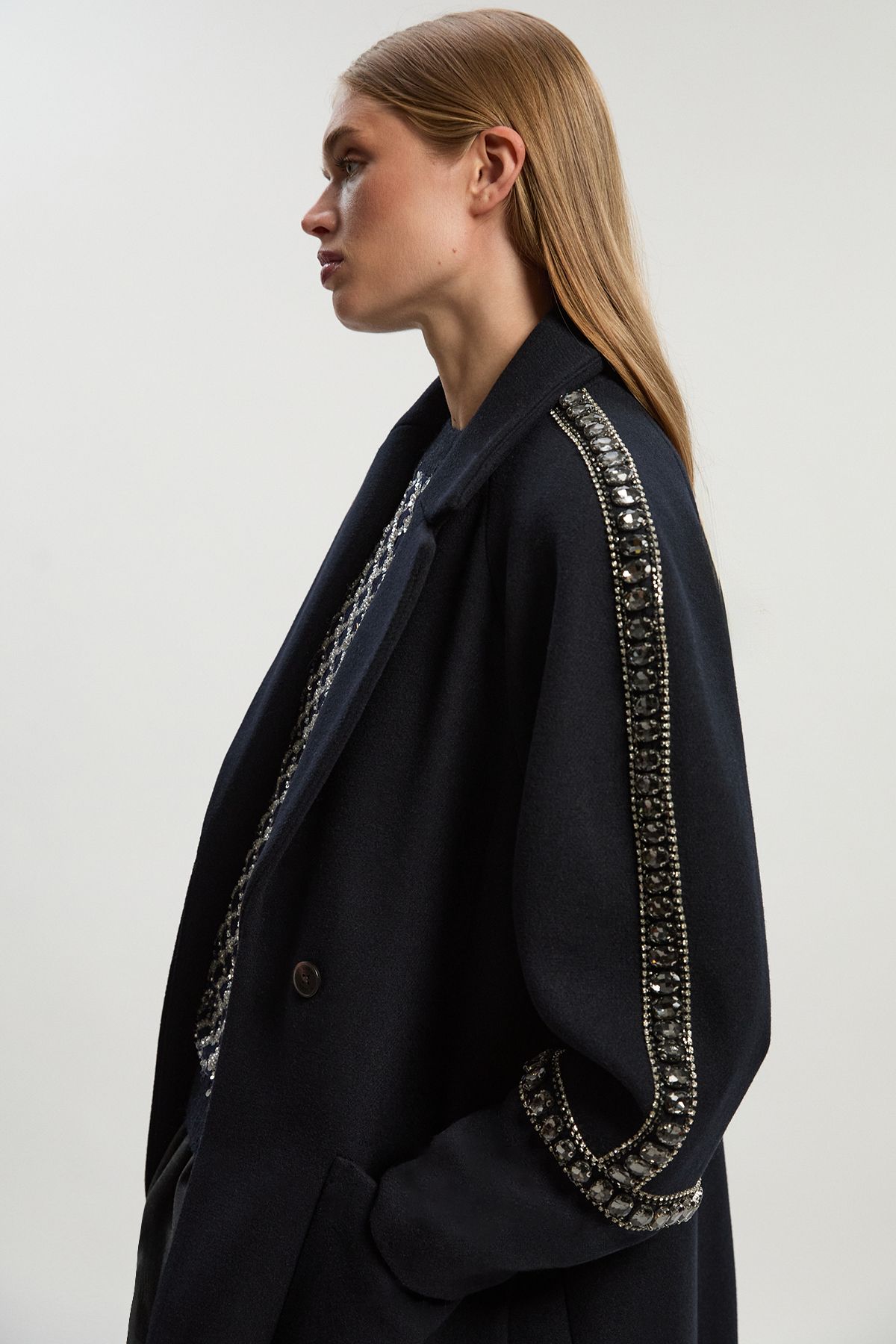 KarenMillen Wool Embellished Oversize Tailored Coat