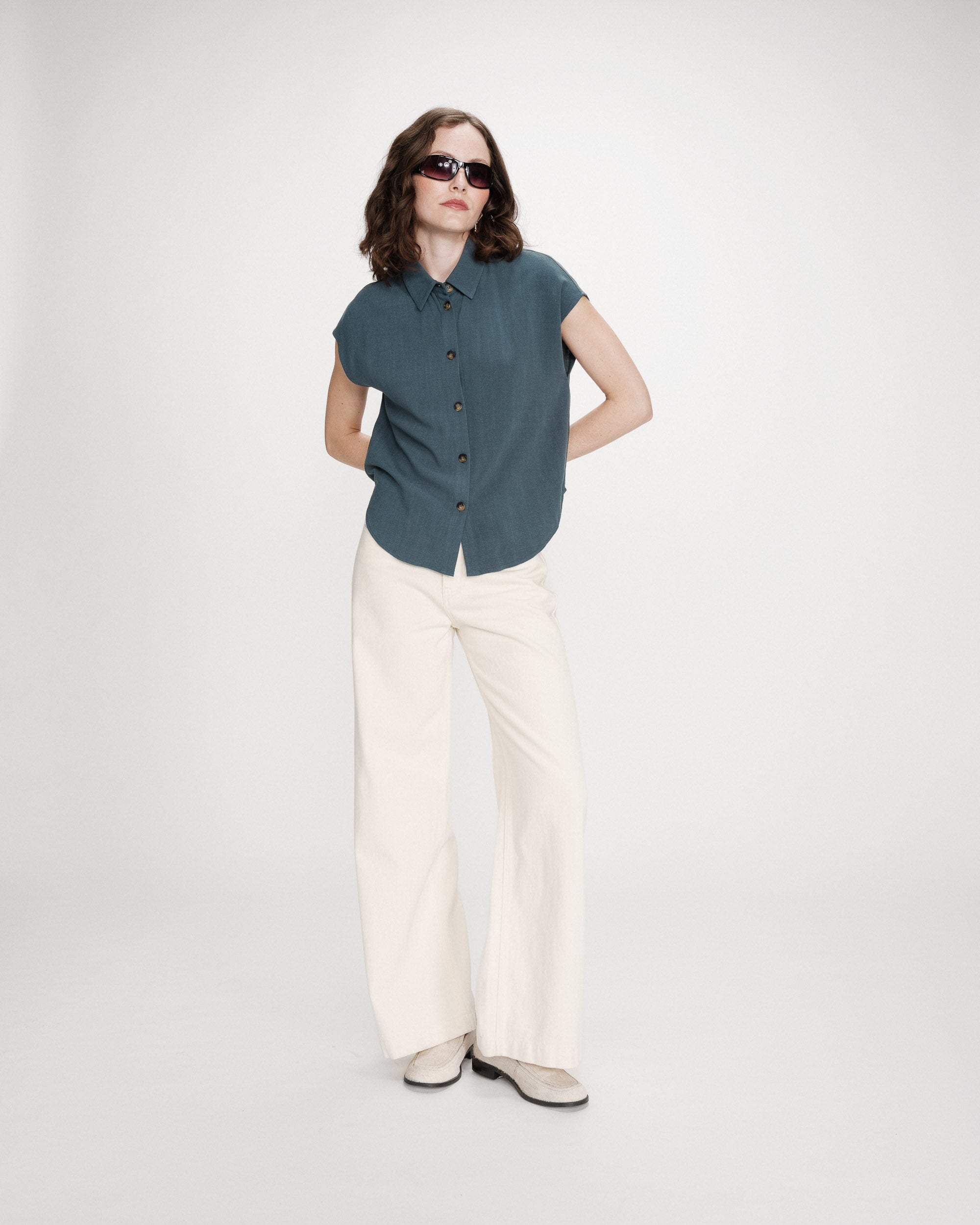 Chemise en lin fluide manches courtes emeraude Perez