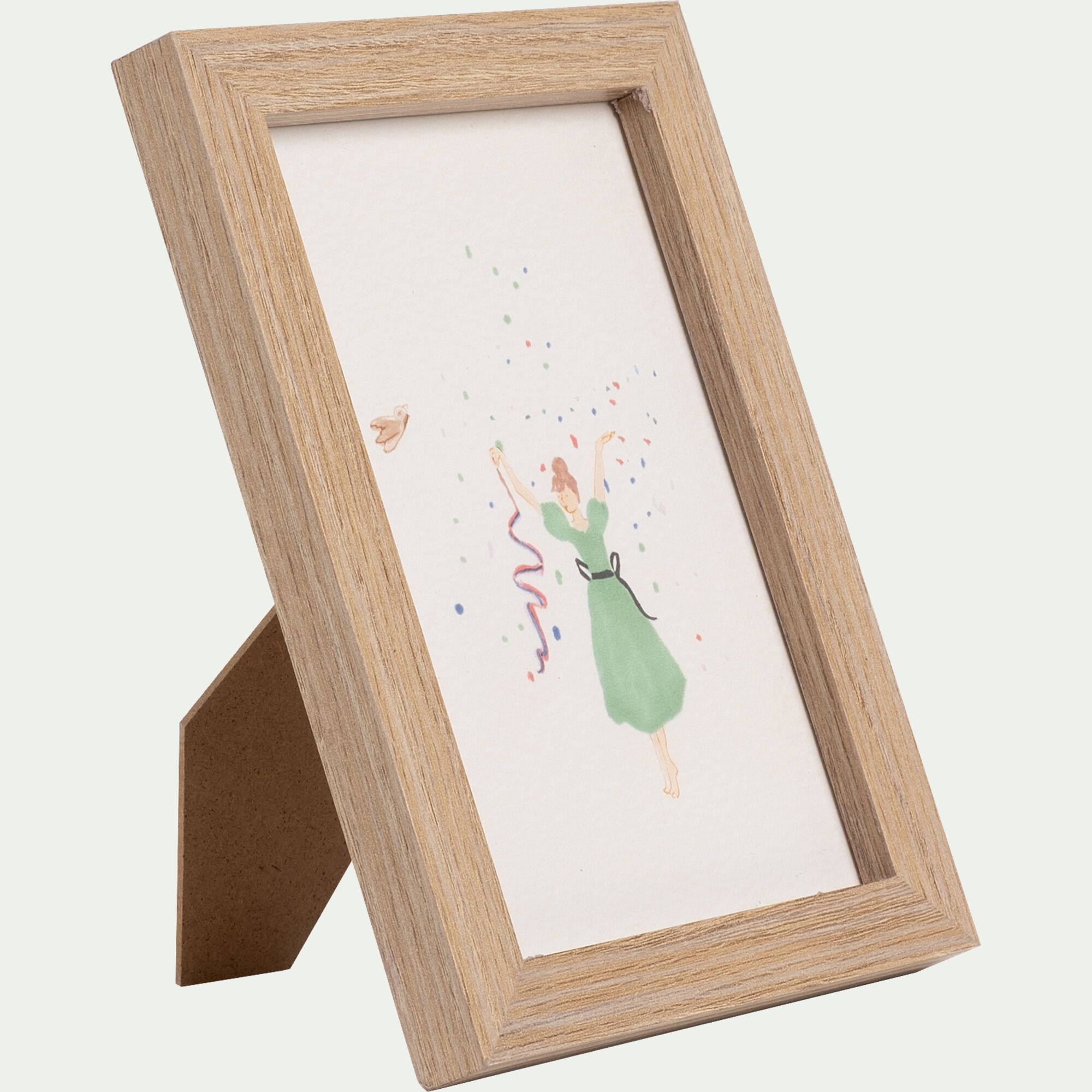 SARAH - Illustration encadrée motif Sarah en robe verte 12x17cm - bois clair