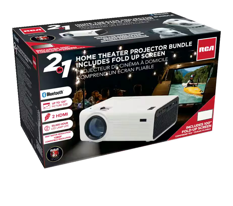 RCA Bluetooth 5.0 LED Home Theatre Projector Bundle w/ Fold-Up Screen, 1080p Supported