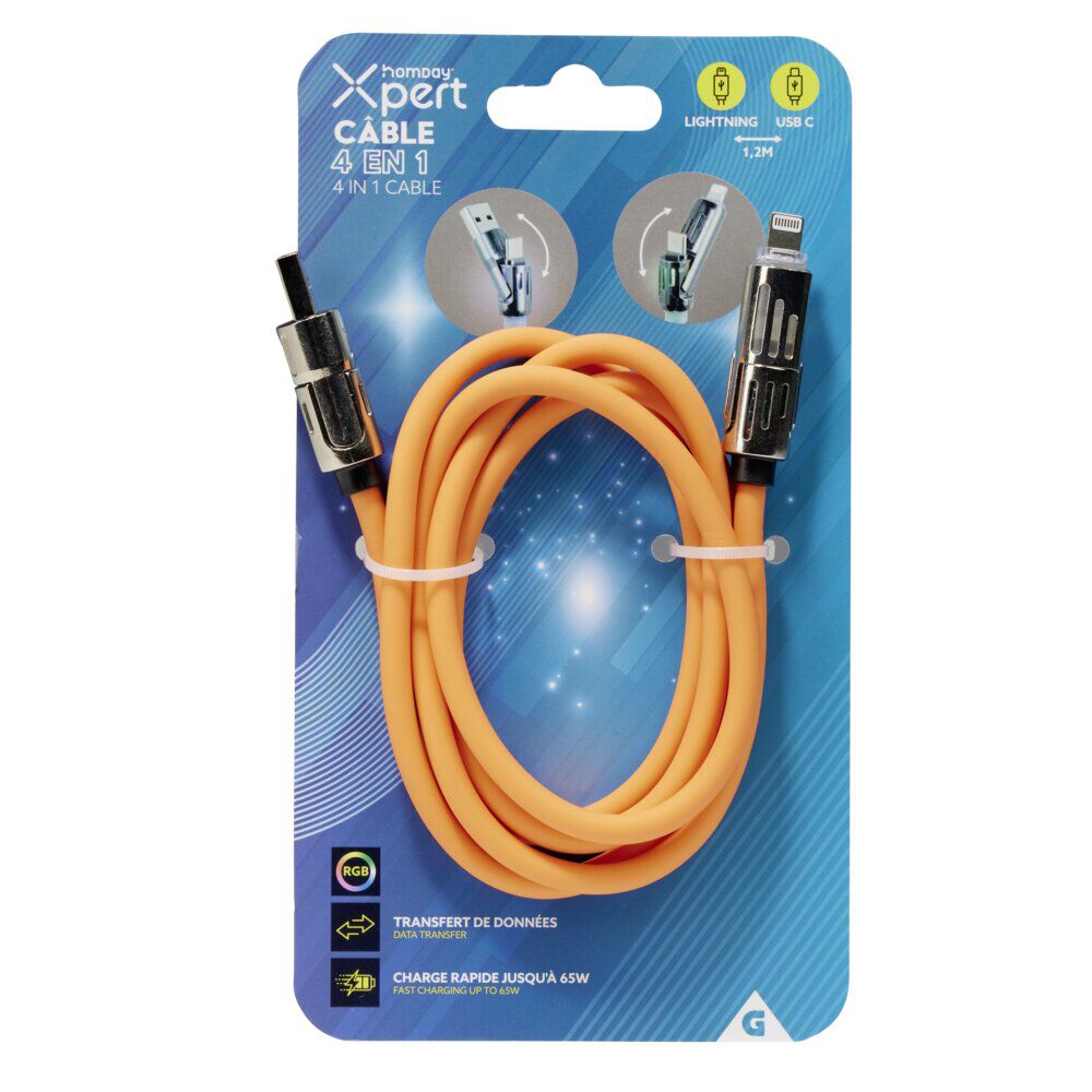 Câble lumineux lightning USB USBC 4en1 RGB 1,2m (4 modèles)