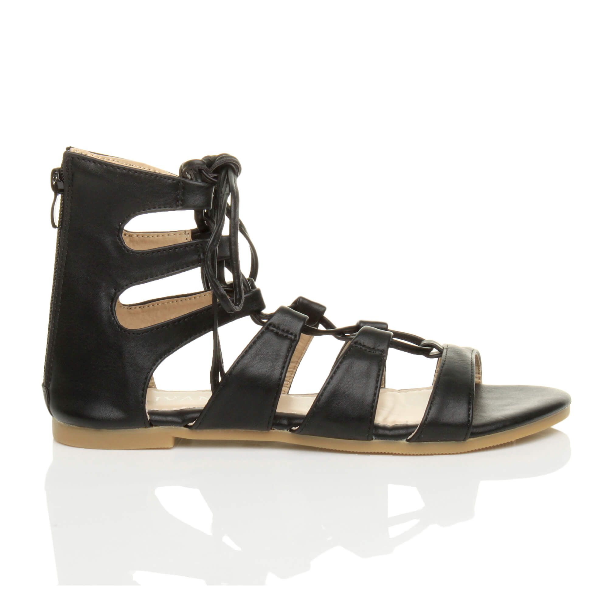 AJVANI Flat Heel Tie Up Gladiator Faux Leather Sandals