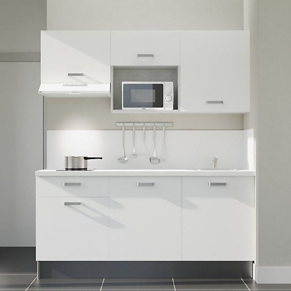 Kitchenette K30 - 180 cm - Façades : Blanc - Plan de travail : Blanc - Crédences : Oui - Evier