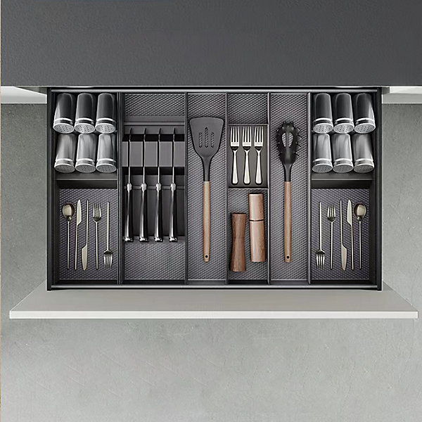 Emuca Orderbox Porte-couteau pour tiroir, 150x470mm, Acier et Bois, Gris antracite